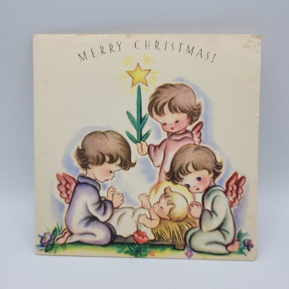 Vintage Merry Christmas Card With Angels & Baby Jesus Illustration - Picture 4 of 5